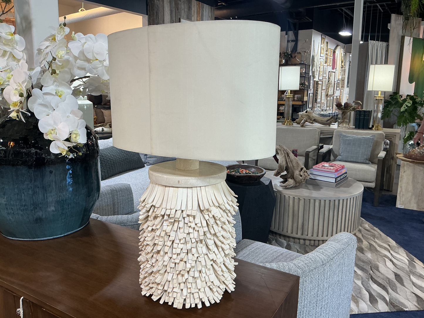 Wooden texture lamp with white shade
