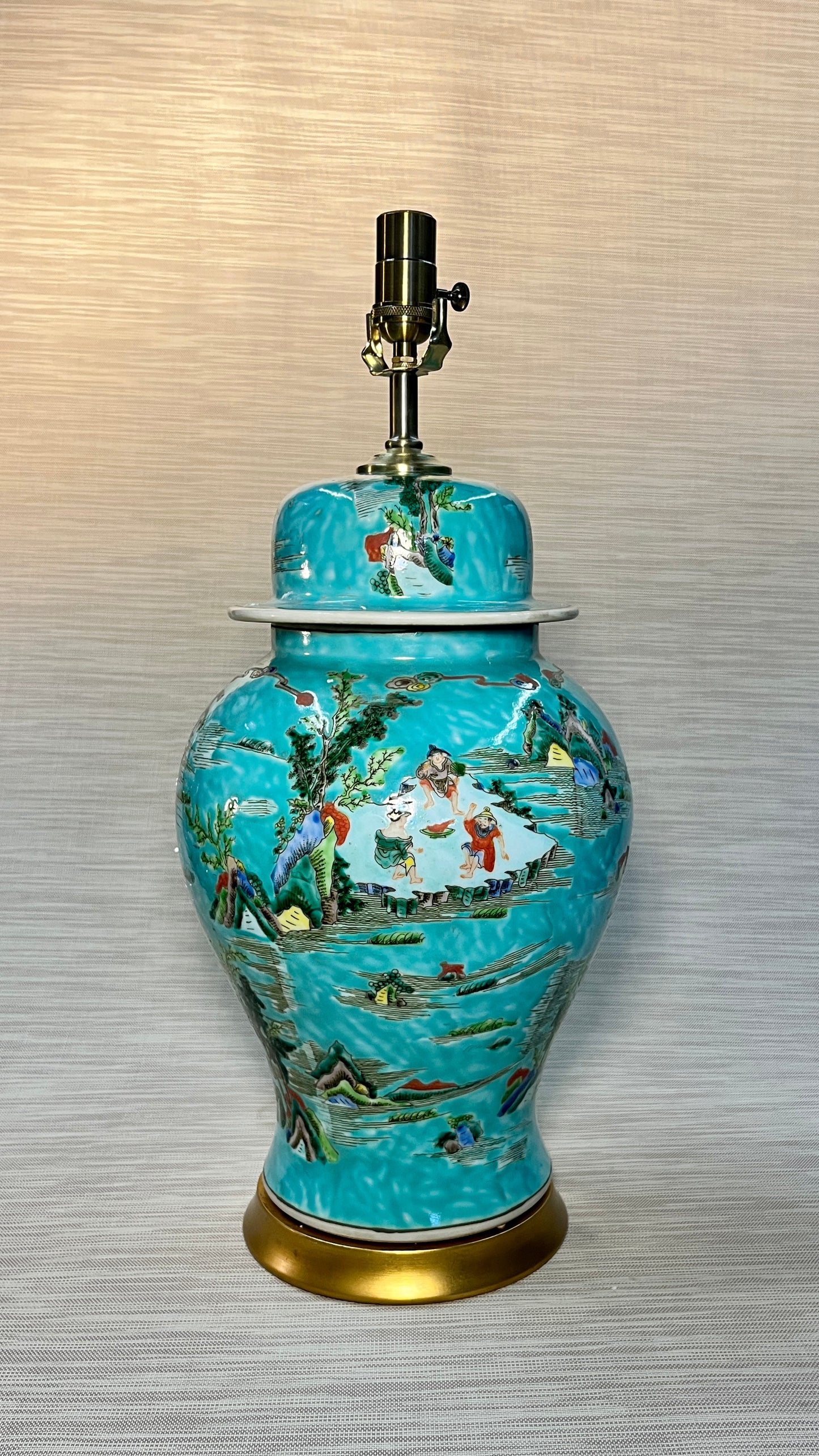 Asian Turquoise Landscape Temple Lidded Urns Table Lamps