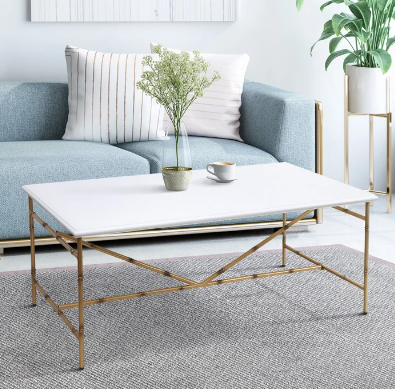 Dann Foley Lifestyle White Coffee Table with Gold Metal Bamboo Legs