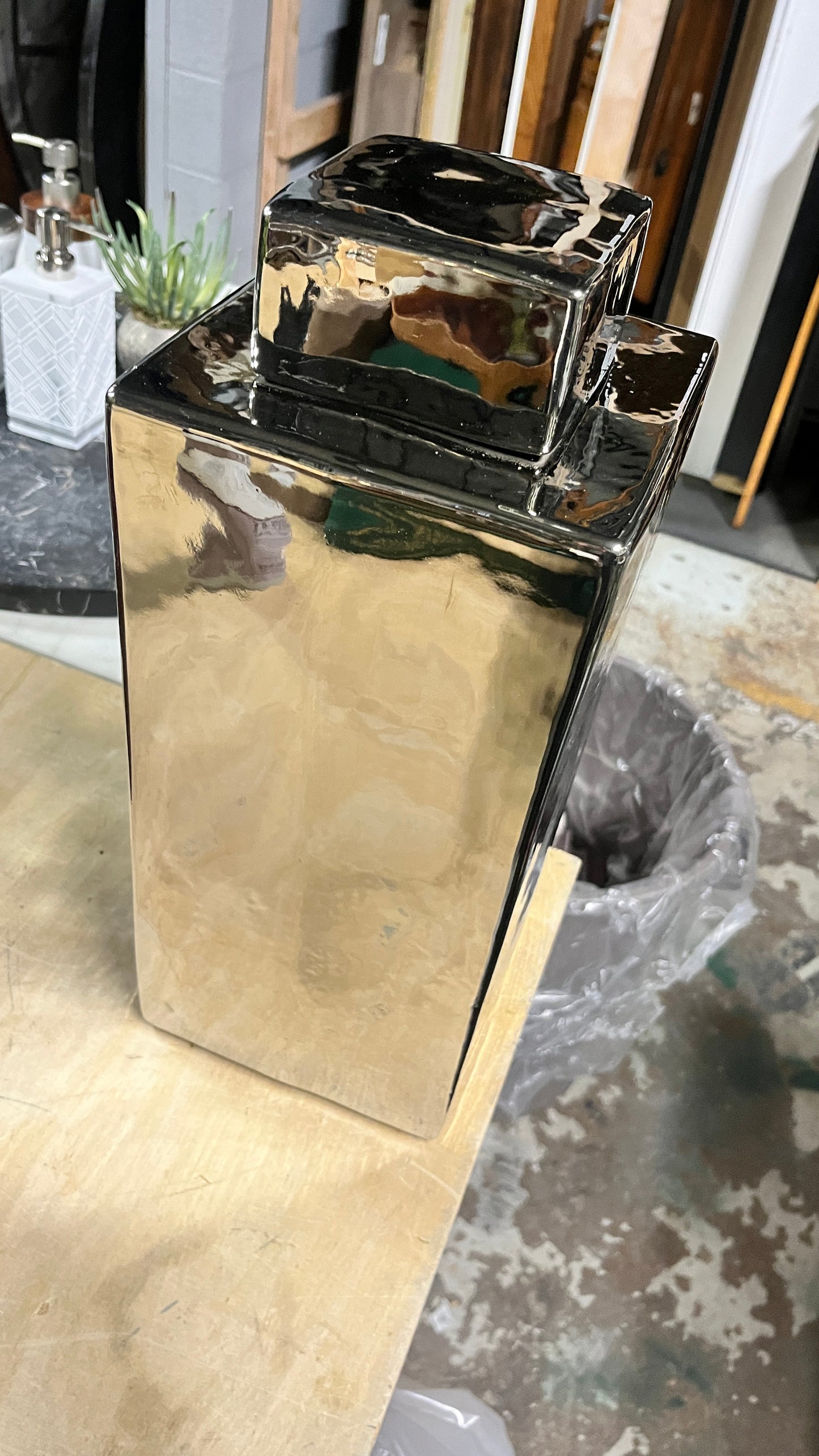 Vase Tall Square Metallic w/ Lid