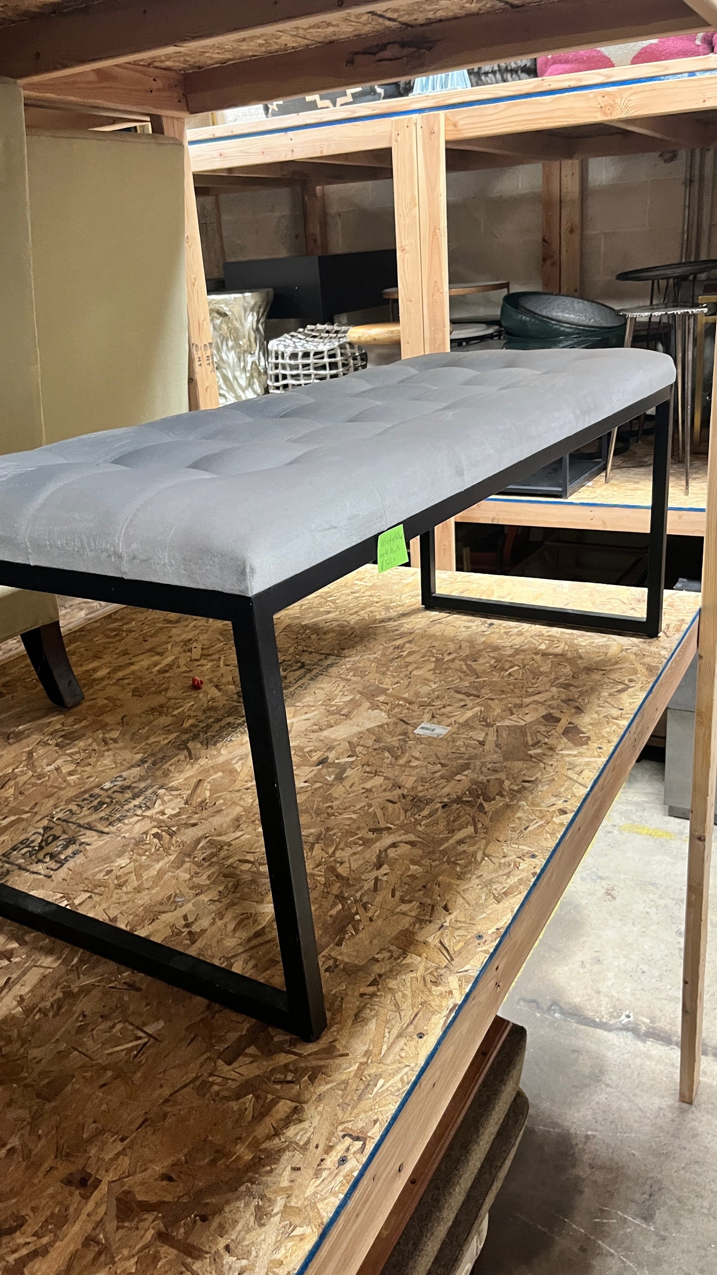 Grey Velvet Upholstered Metal Bench