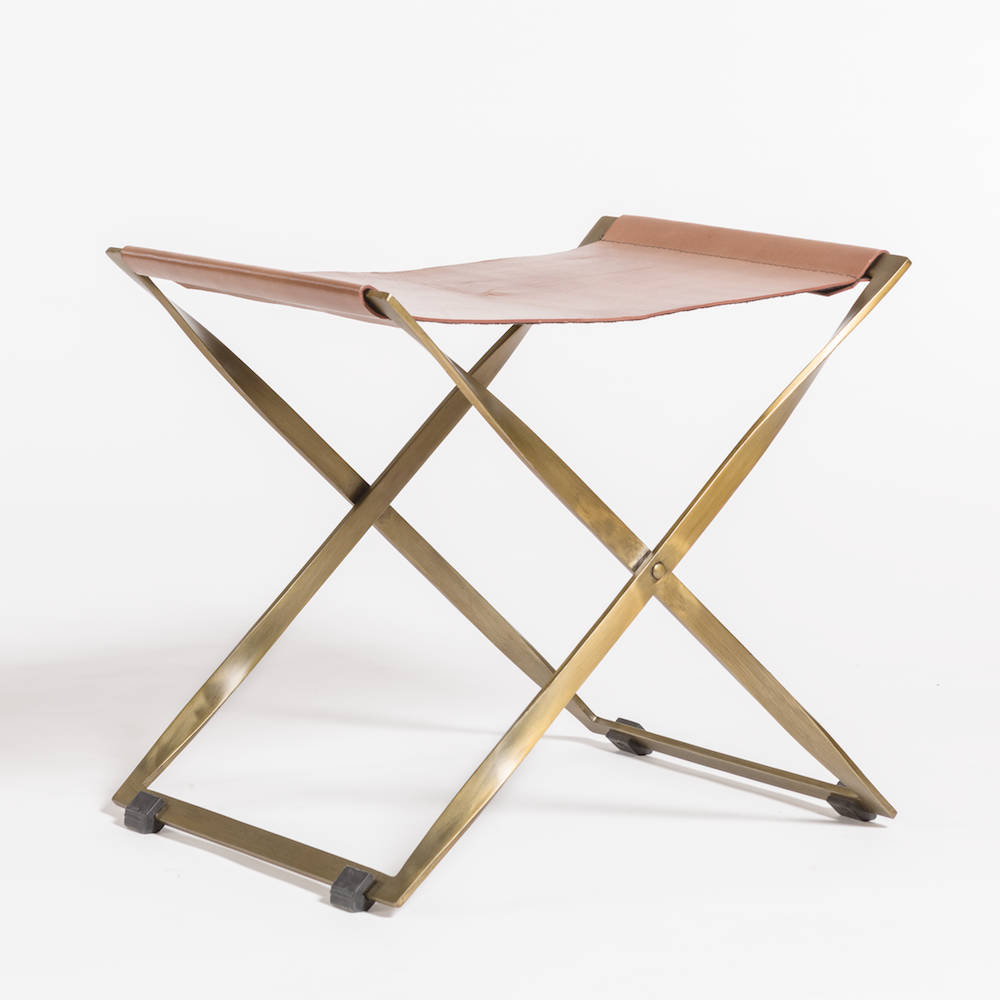 Harper Scissor Ottomanin Tanned Umber and Antique Brass