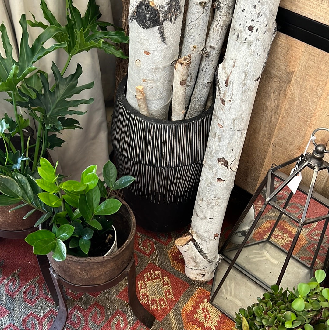 Black floor vase with etching