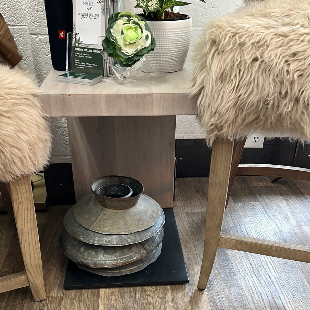 Natural wood side table with black stand