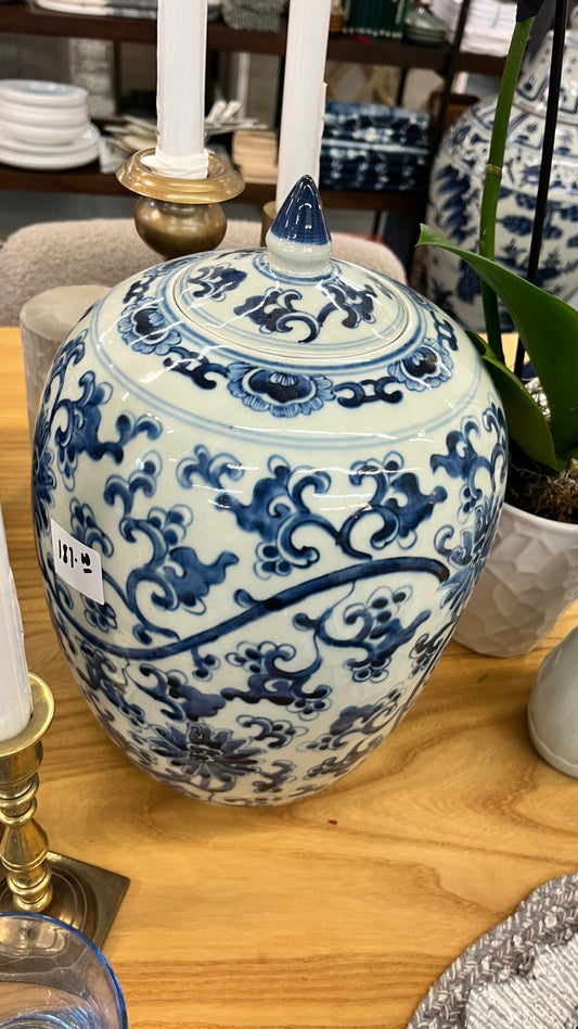 Asian Vase with Pointed Lid Blue and White