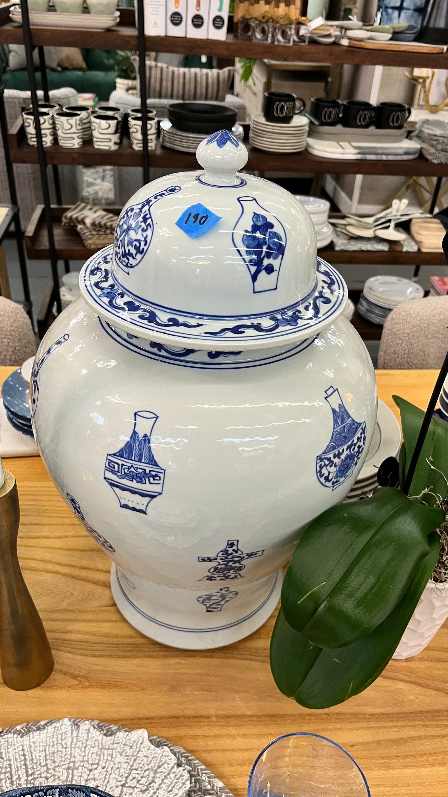Asian Vase with Plum Lid Blue and White Large