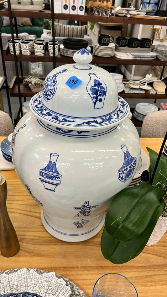 Asian Vase with Plum Lid Blue and White Large