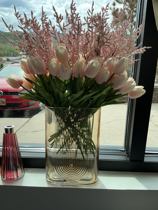 Clear rectangular Vase with Tulip arrangement