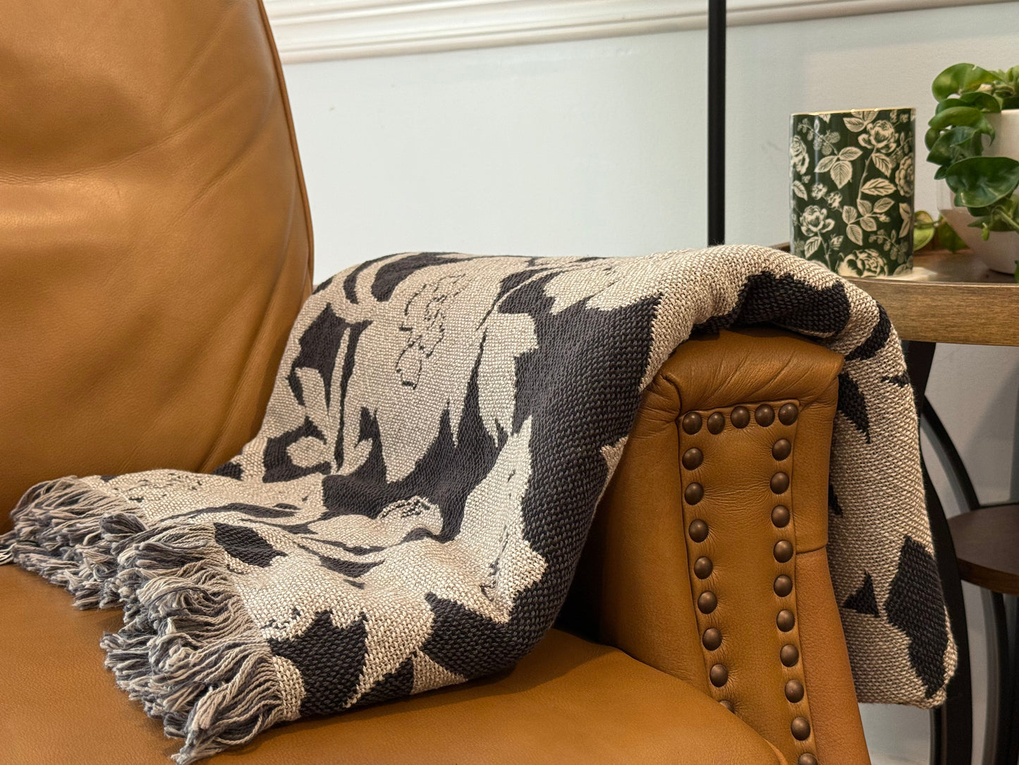 Addy Tuffet Neutral Floral Jacquard Woven Throw Blanket, Reversible Cotton Throw, Made in USA