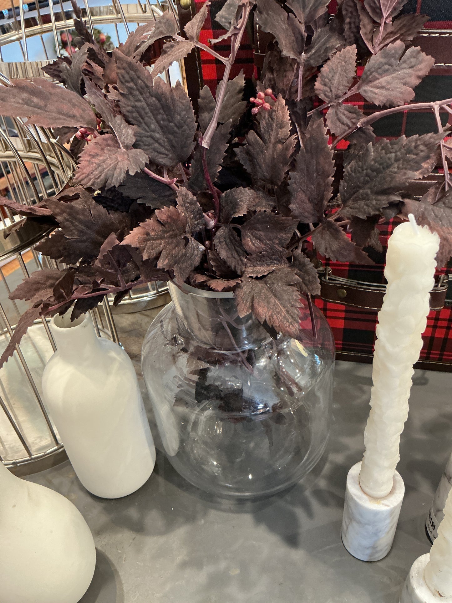 Glass Vase with artificial plant leaves