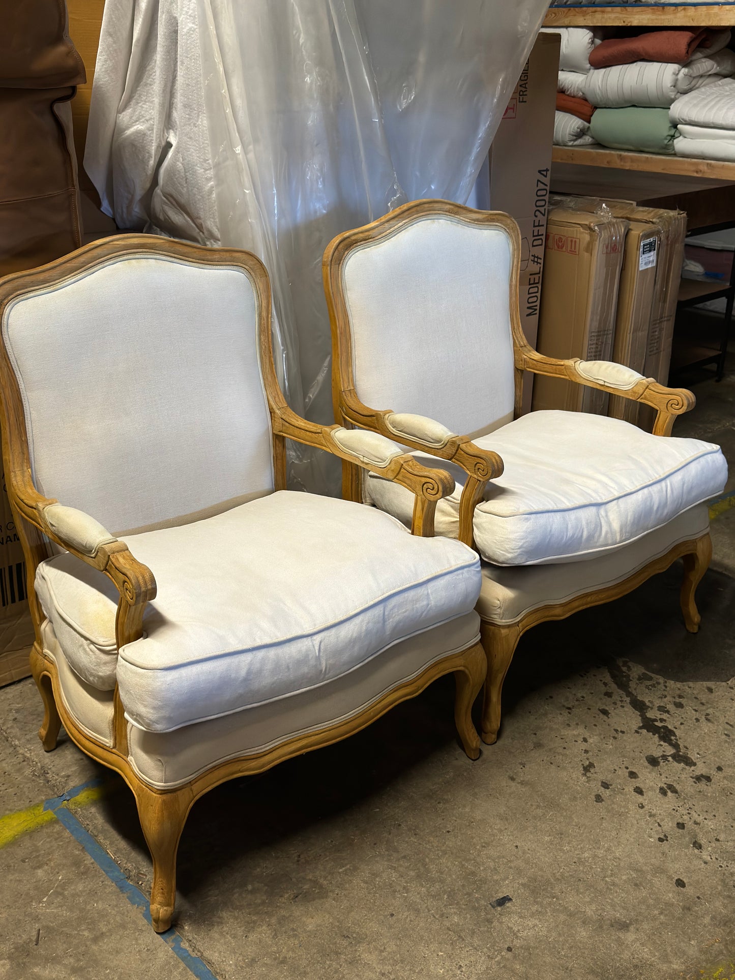 White Upholstered Vintage Wood Side Chairs