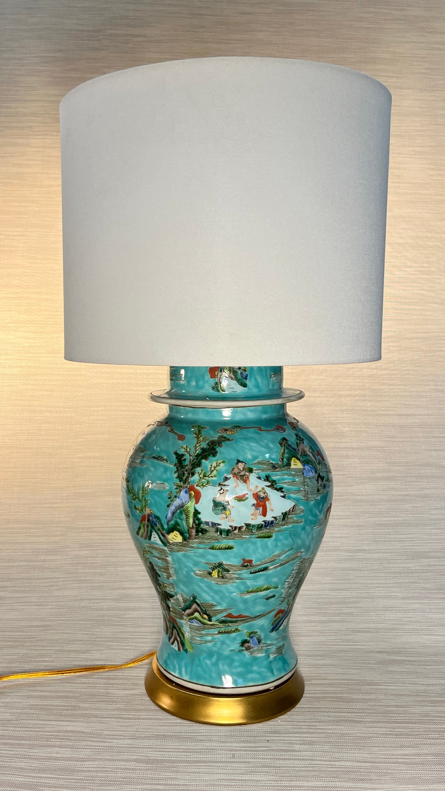 Asian Turquoise Landscape Temple Lidded Urns Table Lamps