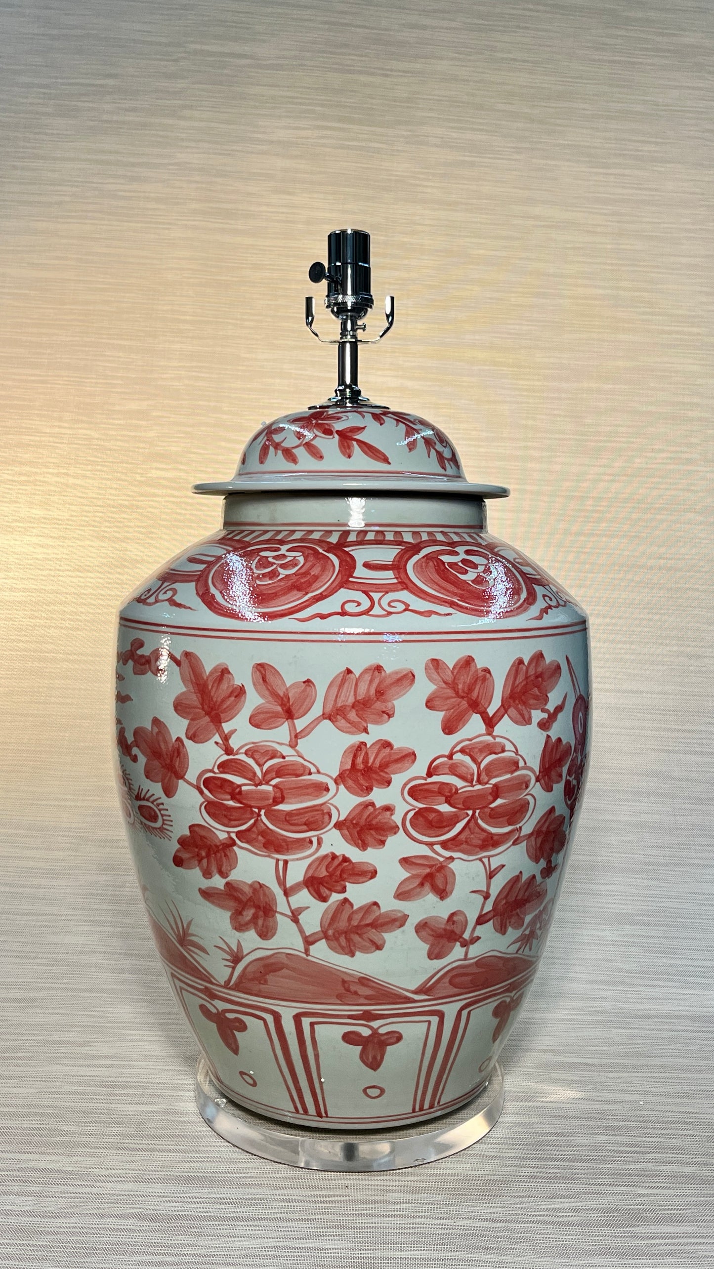 Underglazed Red Lidded Porcelain Barn Jar Bird Motif Lamp