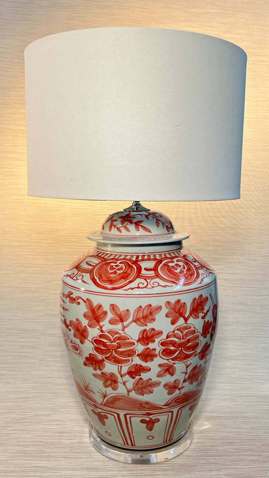 Underglazed Red Lidded Porcelain Barn Jar Bird Motif Lamp