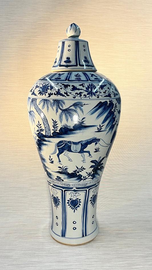 Warrior Horse Asian Plum Lidded Blue Colors Glass Vase