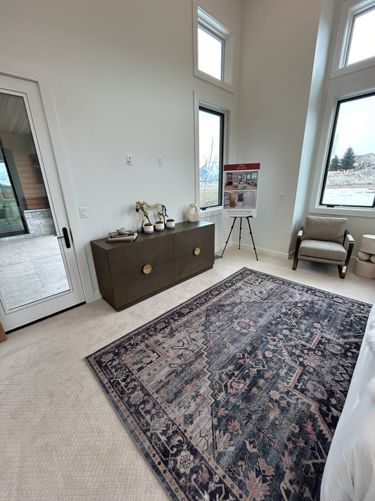 Charcoal Soft Pink Oriental Area Rug