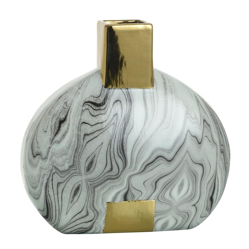 Norman Wyatt Home Faux Marble and Gold Ceramic Vase 10"