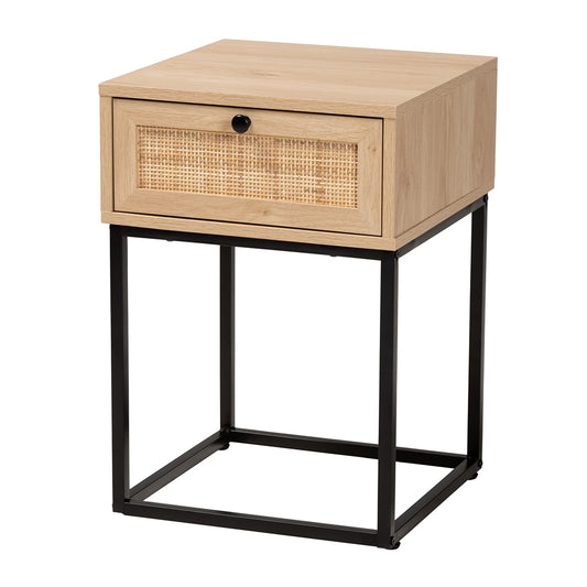 Wood and Natural Rattan 1-Drawer End Table