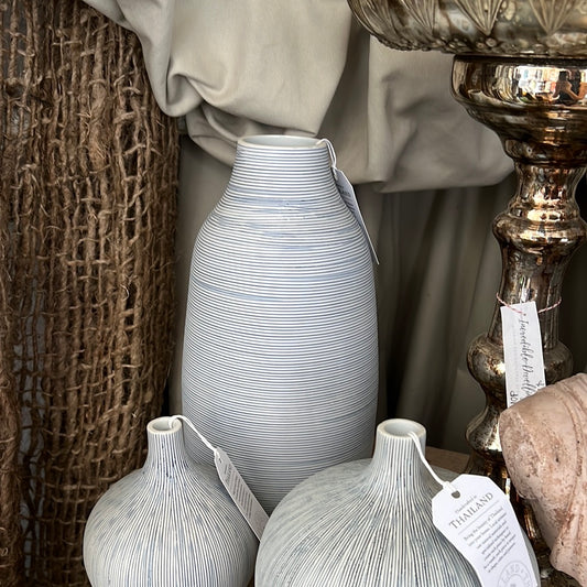 White and blue striped vase L