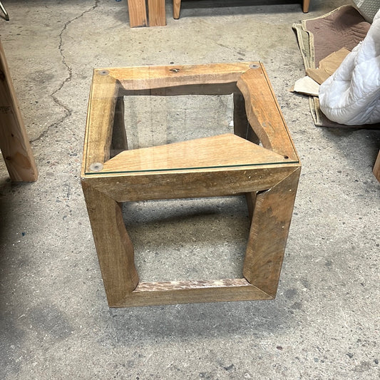 Abstract Cut Wood Side Table with Glass Top