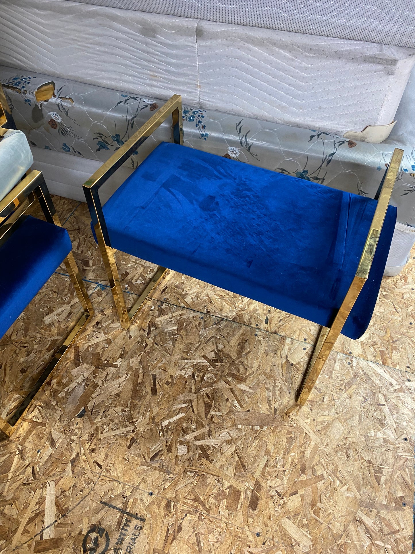 Gold and Blue/Grey Velvet Stool