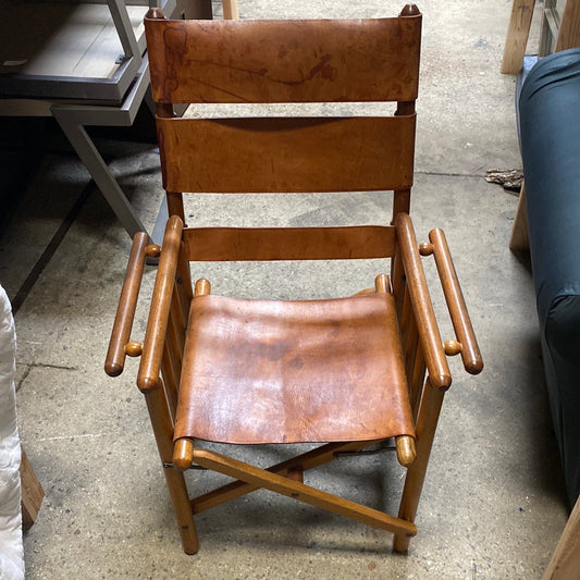 Vintage Leather and Wood Side Chair with Handles
