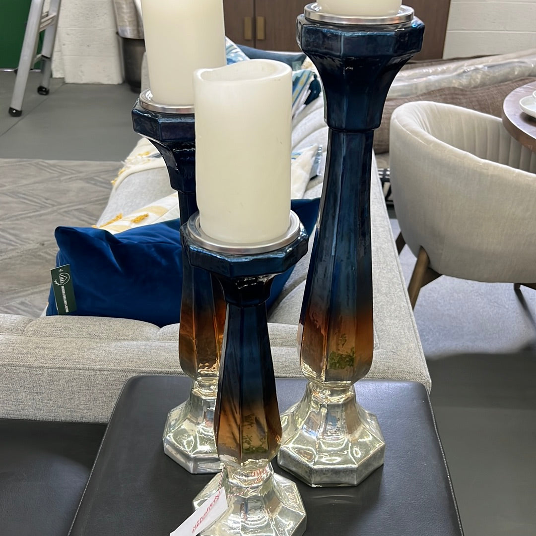 Blue and Yellow Candle Sticks Set of 3
