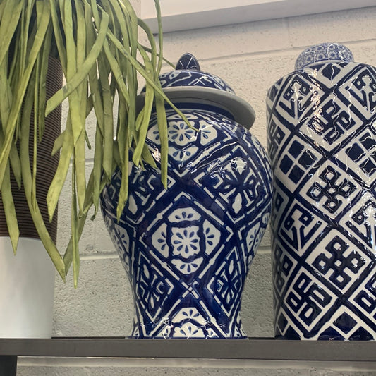 Blue and white tall vase