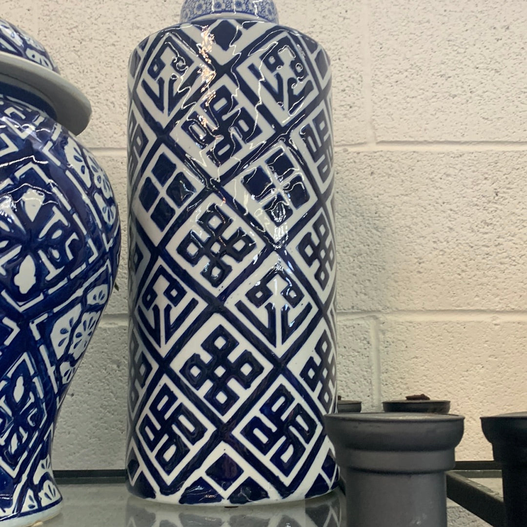 Tall blue and white vase
