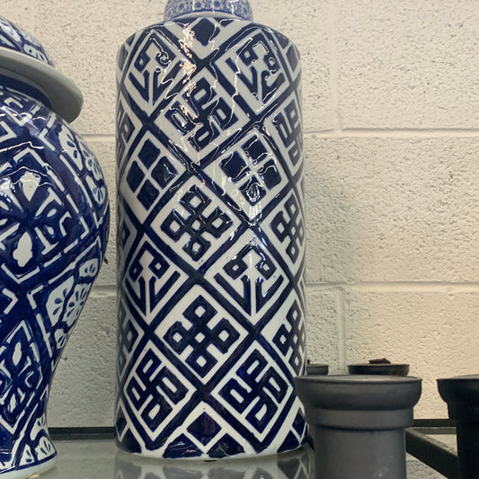 Tall blue and white vase
