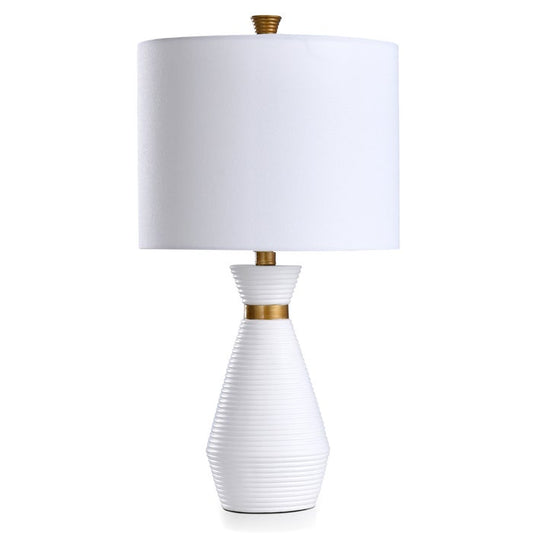 SATIN WHITE & ANTIQUE BRASS | Washboard Round Column Resin Table Lamp | Made in Cambodia | 13in w X
