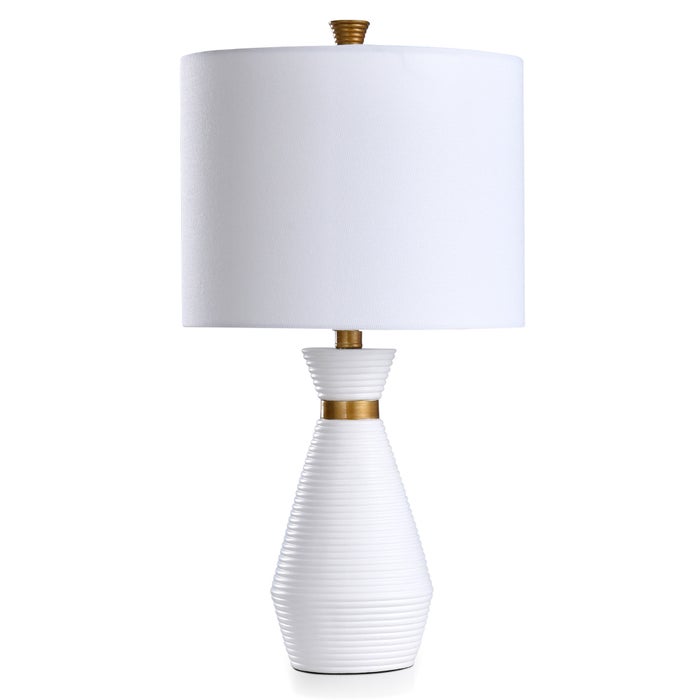 SATIN WHITE & ANTIQUE BRASS | Washboard Round Column Resin Table Lamp | Made in Cambodia | 13in w X